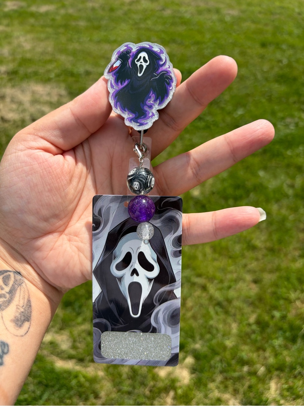 Purple Ghost Badge Reel and ID Holder - ghost face